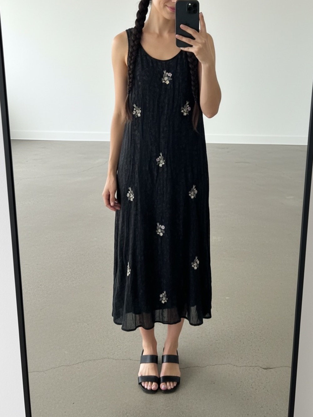 Vintage Black Sheer Floral Embroidered Maxi Dress Size 12